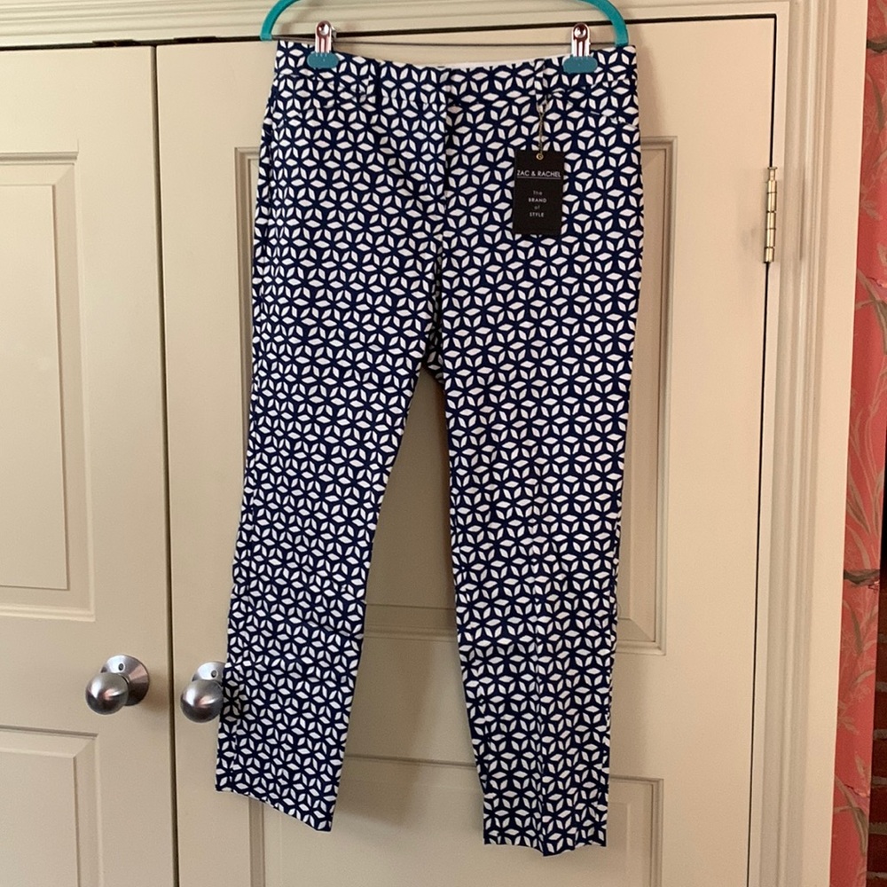 New Zac & Rachel ankle pants, navy/off-white print, size 10. Cotton with stretch